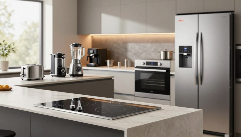 A modern kitchen setting featuring a variety of AEG products neatly arranged on a stylish countertop. In the foreground, showcase a sleek, stainless steel induction cooktop, an elegant oven with a glass door, and a contemporary refrigerator, all highlighting the brand's innovation and design. In the middle, vividly display essential small appliances such as a high-tech blender, a coffee maker, and a toaster placed on the countertop. In the background, soft-focus cabinets with ambient lighting create a warm and inviting atmosphere. Use bright, natural lighting from a window to enhance the overall ambiance, showcasing AEG’s commitment to functional luxury. The mood is modern and professional, perfect for illustrating innovative kitchen technology.