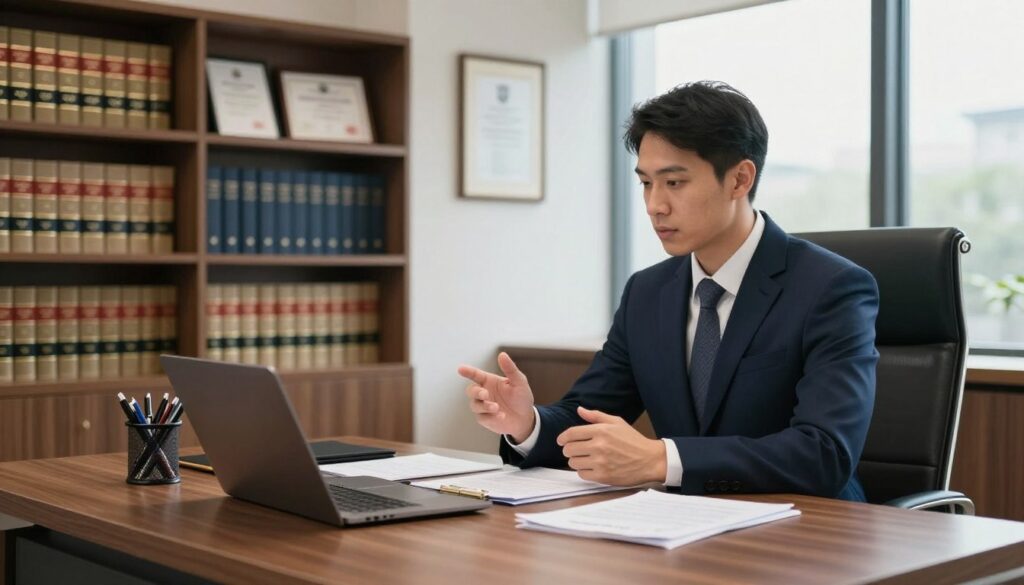 A modern law office interior, showcasing a sleek wooden desk with papers, a laptop, and a pen holder filled with elegant pens. In the foreground, a well-dressed lawyer in a tailored navy suit is engaging with a client, depicted in professional business attire. The middle ground features a large bookshelf filled with legal volumes and framed certificates on the wall, representing success. In the background, there's a large window allowing natural light to flood in, creating a warm and inviting atmosphere. The overall mood is focused and professional, emphasizing the seriousness of legal work. The image should be shot from a slightly elevated angle to capture the full scene, with soft, diffused lighting enhancing the details. A modern law office interior, showcasing a sleek wooden desk with papers, a laptop, and a pen holder filled with elegant pens. In the foreground, a well-dressed lawyer in a tailored navy suit is engaging with a client, depicted in professional business attire. The middle ground features a large bookshelf filled with legal volumes and framed certificates on the wall, representing success. In the background, there's a large window allowing natural light to flood in, creating a warm and inviting atmosphere. The overall mood is focused and professional, emphasizing the seriousness of legal work. The image should be shot from a slightly elevated angle to capture the full scene, with soft, diffused lighting enhancing the details.