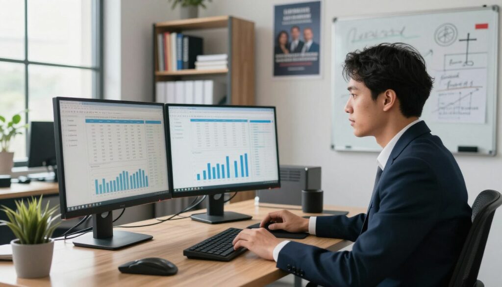 A modern office environment showcasing a logistics specialist at their workstation, effectively organized with dual monitors displaying graphs and data on salary ranges for logistics roles. In the foreground, a focused professional in smart business attire, engaged in a detailed analysis, highlighted by soft, natural lighting streaming in from a nearby window. The middle ground features shelves filled with logistics-related books and a whiteboard with strategic insights scribbled. In the background, a wall adorned with motivational posters about teamwork and achievement. The atmosphere is motivational yet calm, embodying professionalism and dedication. The scene invites viewers to explore the world of logistics, reflecting the topic of salary expectations across various career levels.
