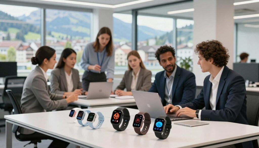 A modern office environment showcasing the essence of the brand "4Swiss." In the foreground, a sleek desk with high-tech products like smartwatches and health gadgets prominently displayed. The middle layer features a diverse group of professionals, dressed in smart business attire, engaged in a collaborative discussion around a laptop, depicting teamwork and innovation. The background reveals large windows with a view of a bustling Swiss cityscape, incorporating elements of nature like mountains or lakes to emphasize the brand's Swiss heritage. The lighting is bright and inviting, suggesting a productive atmosphere, captured with a slight depth of field to focus on the subjects while adding a soft blur to the background. The overall mood is dynamic and professional, reflecting a cutting-edge company.