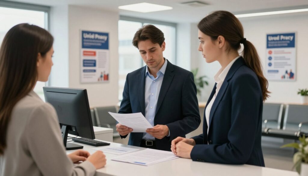 A modern office interior depicting a "Urząd Pracy" (Job Center) setting, focused on a professional female staff member in business attire assisting a job seeker at a reception desk. The foreground shows a clear view of the desk with documents and a computer, symbolizing the submission of paperwork for justifying absence. In the middle, there’s a well-dressed man, appearing attentive and focused, holding a folder of documents. The background features a softly lit waiting area with informational posters about job services on the walls. Natural light filters through large windows, creating a welcoming and informative atmosphere that conveys a sense of professionalism and support. A modern office interior depicting a "Urząd Pracy" (Job Center) setting, focused on a professional female staff member in business attire assisting a job seeker at a reception desk. The foreground shows a clear view of the desk with documents and a computer, symbolizing the submission of paperwork for justifying absence. In the middle, there’s a well-dressed man, appearing attentive and focused, holding a folder of documents. The background features a softly lit waiting area with informational posters about job services on the walls. Natural light filters through large windows, creating a welcoming and informative atmosphere that conveys a sense of professionalism and support.