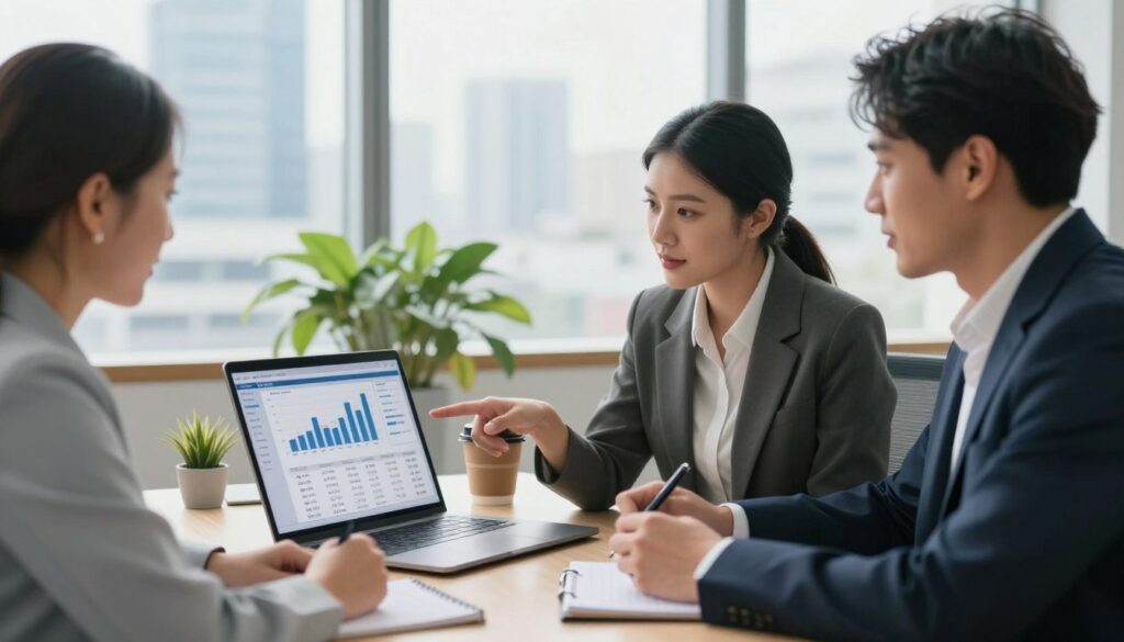 A modern office setting, featuring a sleek desk with a laptop open to a finance dashboard displaying graphs and account balances. In the foreground, a diverse group of three professional individuals—one man and two women—are engaged in a discussion, dressed in smart business attire. One woman points to the screen, while the man takes notes. In the middle ground, a potted plant and a coffee cup add homely touches, suggesting a productive yet warm atmosphere. The background reveals a bright, well-lit office window with a city skyline. Soft, natural light pours through, creating a focused and optimistic mood. The overall composition emphasizes professionalism and teamwork in managing account payments and finances.