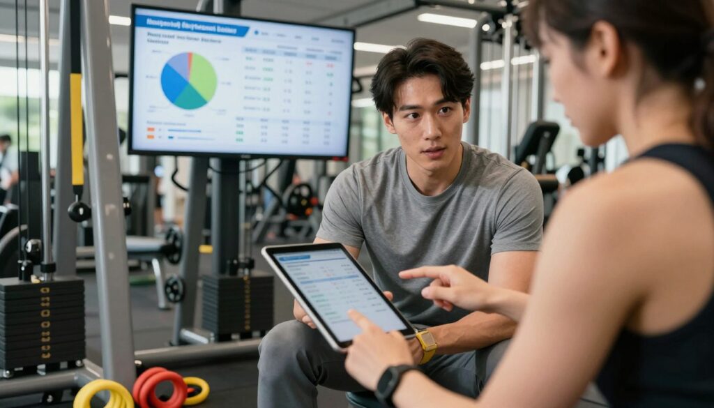 A modern personal trainer in a professional gym setting, analyzing workout statistics on a tablet, surrounded by fitness equipment like weights and resistance bands. The trainer, a fit individual in business-casual attire, exhibits a focused expression as they discuss rates with a client. In the background, a digital display showcases charts and figures representing average monthly earnings of personal trainers, demonstrating a data-driven approach. The lighting is bright and inviting, highlighting the enthusiasm of fitness and training. The angle is a dynamic shot from slightly above, conveying energy and professionalism while reflecting the thriving atmosphere of a successful training environment.
