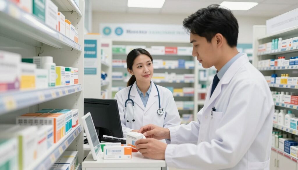 A modern pharmacy setting displaying the contrast between a pharmacist and a pharmacy technician. In the foreground, a male pharmacy technician in a professional lab coat, carefully organizing medication on a shelf, showcasing his responsibility in managing pharmaceuticals. In the middle ground, a female pharmacist with a stethoscope around her neck is engaged in counseling a customer at the counter, emphasizing her advanced expertise. Bright, natural lighting illuminates the well-organized shelves filled with medicine and health products, creating a warm and welcoming atmosphere. The background features a row of colorful product displays and a clear view of the pharmacy's sign. Shot from a slight angle to capture both professionals in action, highlighting the collaborative environment of a pharmacy. A modern pharmacy setting displaying the contrast between a pharmacist and a pharmacy technician. In the foreground, a male pharmacy technician in a professional lab coat, carefully organizing medication on a shelf, showcasing his responsibility in managing pharmaceuticals. In the middle ground, a female pharmacist with a stethoscope around her neck is engaged in counseling a customer at the counter, emphasizing her advanced expertise. Bright, natural lighting illuminates the well-organized shelves filled with medicine and health products, creating a warm and welcoming atmosphere. The background features a row of colorful product displays and a clear view of the pharmacy's sign. Shot from a slight angle to capture both professionals in action, highlighting the collaborative environment of a pharmacy.