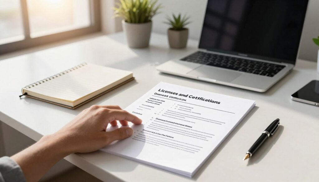 A modern, professional CV layout displayed prominently on a sleek office desk. In the foreground, a hand reaches towards a section titled "Licenses and Certifications," where the entry for a driver's license is clearly highlighted. The middle ground features a sophisticated laptop, a stylish notebook, and a fountain pen, all illuminated by warm, natural light filtering through a nearby window. The background depicts a well-organized office environment with potted plants and minimalist decor, creating a focused, inviting atmosphere. The overall mood is motivational and professional, emphasizing the importance of clarity and presentation in job applications. The image captures the essence of a compelling CV that stands out to recruiters.