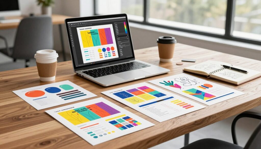 A modern, professional graphic designer's portfolio spread out on a sleek wooden desk. The foreground features a variety of printed design works, showcasing colorful branding, user interfaces, and illustration samples. In the middle, a laptop displays a vibrant digital design project, with design software open. A stylish coffee cup and a notebook with sketches are also present. The background includes a contemporary office setting with large windows allowing natural light to flood in, creating a warm and inviting atmosphere. The mood is focused and creative, emphasizing the designer's skills and professional environment. Soft shadows and a slight depth of field create visual interest, while maintaining clarity on the portfolio items. The scene conveys the essence of graphic design as a fulfilling and impactful profession.