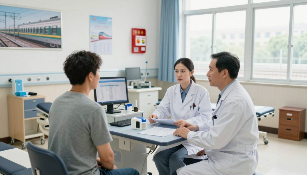 A modern railway occupational health center interior, focusing on the step-by-step procedures for railway medical examinations. In the foreground, a professional doctor in business attire, calmly discussing with a patient seated on a medical examination table. The middle ground features a medical assistant preparing equipment and a computer with health records displayed, setting a tone of efficiency and organization. The background shows medical examination rooms with railway-themed decor, such as framed train posters and safety equipment. Soft, natural lighting from large windows creates an inviting atmosphere, emphasizing professionalism and care in the field of railway medicine. The perspective is slightly elevated, offering a comprehensive view of the room and activities within.