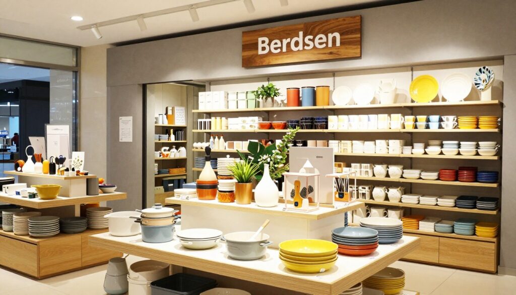 A modern retail space showcasing Berdsen's diverse product range, featuring elegantly arranged home goods and lifestyle items. In the foreground, a well-lit display table features high-quality kitchen gadgets, decorative items, and stylish home accessories. In the middle, shelves are stocked with an array of colorful items, emphasizing variety and quality, illuminated by warm, inviting lighting to create a welcoming atmosphere. In the background, a sleek, minimalist storefront design with glass windows and a polished wooden sign reading "Berdsen", suggesting a contemporary and friendly shopping experience. The scene is viewed at an eye-level angle, highlighting both the products and the inviting ambiance of the store. The overall mood is bright, organized, and showcases a sense of quality and attention to detail.