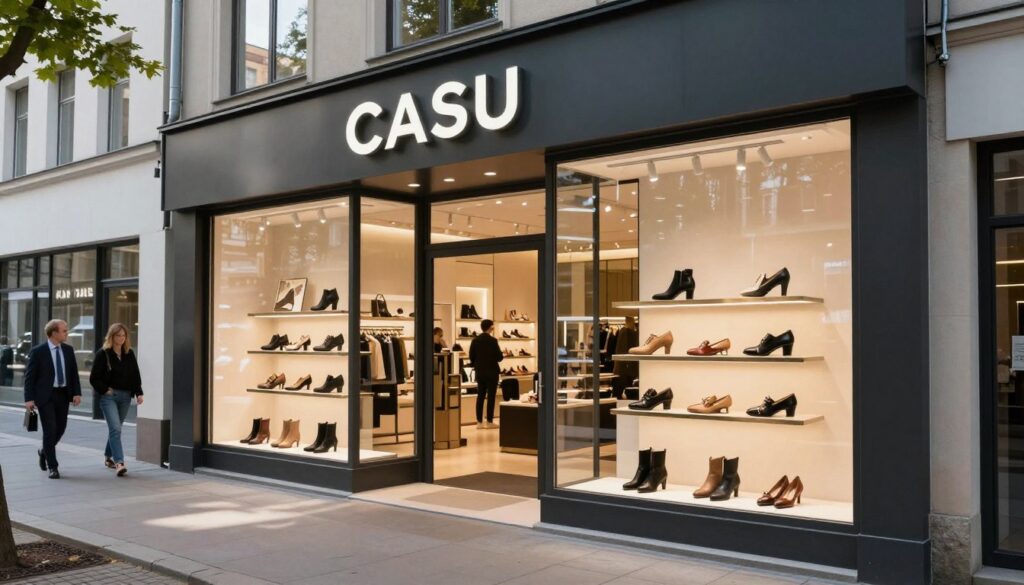 A modern, sleek storefront of a footwear company named "CASU" located at 2 Towarowa Street in Wschowa, Poland. The foreground features a stylish glass entrance showcasing an array of elegant shoes displayed prominently within, with warm, inviting lights illuminating the interior. In the middle ground, the shop has majestic large windows, reflecting the bustling street outside, where a few passersby in professional attire stop to look at the display. The background features a clean urban environment, with contemporary buildings and trees lining the street. The atmosphere is professional yet welcoming, with a bright, sunny day that casts soft shadows, enhancing the inviting feel of the store. The perspective is slightly elevated, giving a broad view of the storefront.