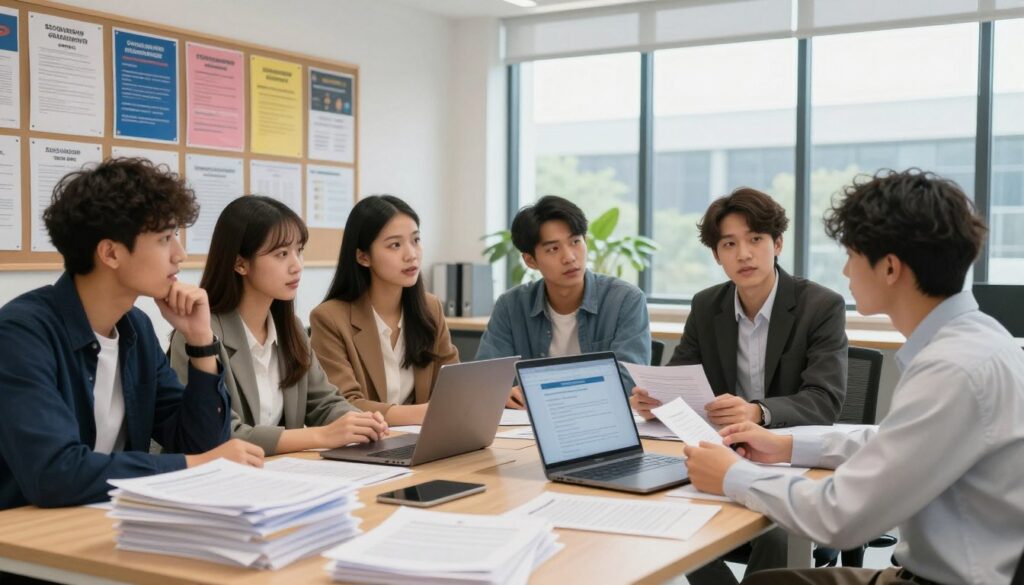 A modern university office setting, featuring a large, wooden desk cluttered with stacks of official papers and a laptop displaying scholarship information. In the foreground, a diverse group of students, dressed in smart casual attire, is engaged in a lively discussion about scholarship amounts and eligibility criteria. They display various expressions of curiosity and enthusiasm. The middle area captures a wall with a bulletin board filled with colorful flyers about different types of scholarships, highlighting the year 2026. A large window in the background lets in soft natural light, creating an inspiring and hopeful atmosphere. The image conveys the importance of education funding and the pursuit of academic possibilities.