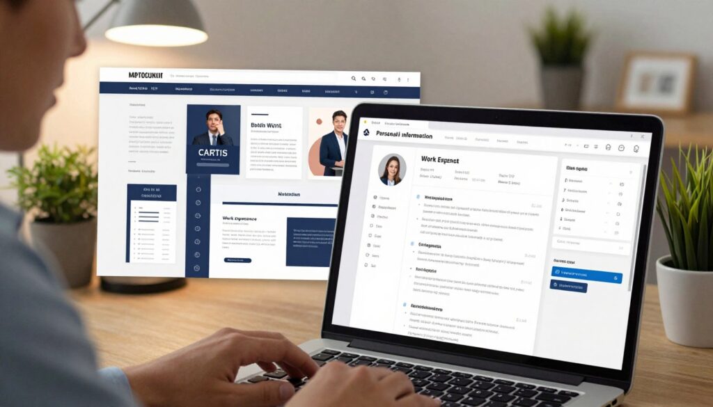 A modern, visually appealing CV creator interface displayed prominently on a sleek laptop screen, with vibrant colors and an intuitive layout. In the foreground, the laptop shows sections for personal information, work experience, and skills, all filled with sample data. To the left, a professional individual, dressed in smart business attire, is thoughtfully reviewing the template; their focused expression conveys diligence. In the middle, an array of stylish CV templates are showcased in a side panel, displaying various design choices. The background features a cozy home office setting with a warm ambiance, soft lighting from a nearby desk lamp and a potted plant adding a touch of life. The overall mood is productive and inspiring, inviting users to create their perfect CV.