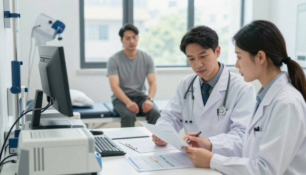 A modern, well-lit occupational health examination room showcasing a variety of medical equipment arranged neatly. In the foreground, a male and female medical professional, both dressed in professional attire, are intently discussing health examination results while reviewing documents and medical charts on a working desk. In the middle ground, a patient sits on an examination table, dressed in casual, modest clothing, looking attentive and slightly anxious. The background features a large window allowing natural light to pour in, casting soft shadows. The atmosphere is one of professionalism and concern for well-being, emphasizing the importance of thorough medical evaluations in various job positions. Use a shallow depth of field to keep focus on the health professionals and the patient while subtly blurring the background.