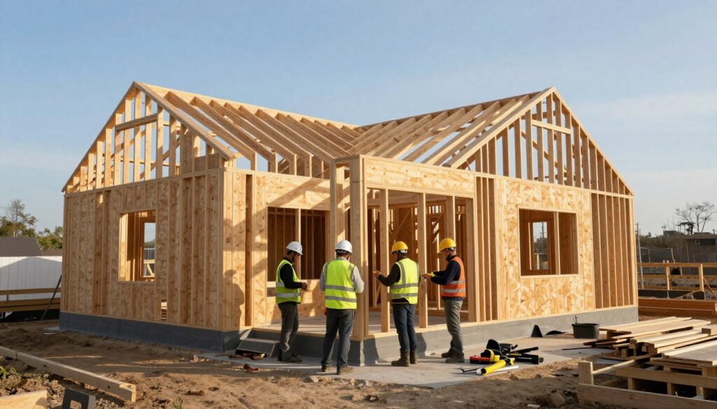 A modern wooden frame house under construction, showcasing Arago House technology. The foreground features workers in hard hats and safety vests, collaborating on assembling the skeleton of the building, demonstrating teamwork and professionalism. The middle ground highlights the unique structure with exposed beams and panels made from sustainable materials, while tools and building materials are scattered around. In the background, a clear blue sky and soft sunlight cast warm tones, emphasizing a sense of progress and innovation. Capture the image from a slightly elevated angle to provide an overview of the construction site, creating an atmosphere of durability, efficiency, and a forward-thinking approach to housing development. A modern wooden frame house under construction, showcasing Arago House technology. The foreground features workers in hard hats and safety vests, collaborating on assembling the skeleton of the building, demonstrating teamwork and professionalism. The middle ground highlights the unique structure with exposed beams and panels made from sustainable materials, while tools and building materials are scattered around. In the background, a clear blue sky and soft sunlight cast warm tones, emphasizing a sense of progress and innovation. Capture the image from a slightly elevated angle to provide an overview of the construction site, creating an atmosphere of durability, efficiency, and a forward-thinking approach to housing development.