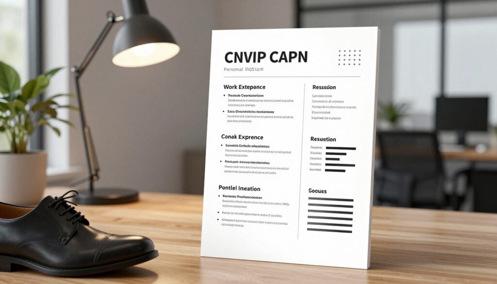 A neat and organized one-page CV displayed prominently on a wooden desk, featuring a minimalist design with sections for personal information, work experience, and skills. In the foreground, a pair of professional business shoes is partially visible, adding a human touch without showing the person. The middle ground includes a softly illuminated desk lamp casting a warm glow, enhancing the inviting atmosphere. In the background, a blurred view of a modern office with potted plants and a large window letting in natural light, suggesting productivity and professionalism. The overall mood is focused and inspiring, ideal for conveying the message of effective CV crafting.