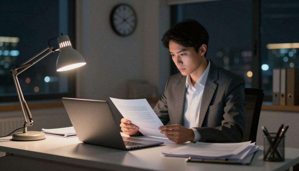 A nighttime office scene illustrating the concept of work hours. In the foreground, a neatly organized desk with a laptop and paperwork, softly illuminated by a desk lamp casting a warm glow. In the middle, a professional individual, dressed in business attire, intently examining reports, their expression reflecting focus and determination. In the background, a clock indicates late hours, reinforcing the idea of nighttime work. The room has large windows with city lights faintly visible outside, creating a contrast with the cozy indoor environment. The overall mood is serious yet calm, suitable for discussing professional work limits and regulations. Lighting is warm and inviting, suggesting productivity at night, captured from a slightly elevated angle to enhance the depth of the scene.