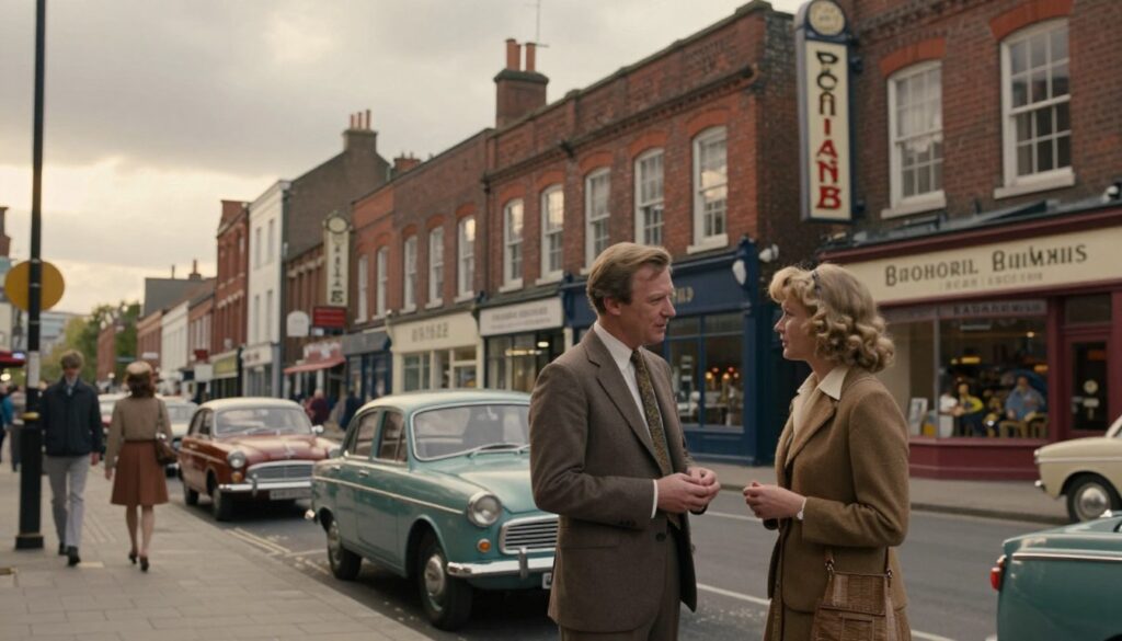 A nostalgic scene set in Manchester, 1972, showcasing a bustling street with vintage cars and classic storefronts. In the foreground, a well-dressed man and woman, both in 1970s fashion, are engaged in conversation, exuding a sense of camaraderie. The middle ground features charming brick buildings adorned with original signage, reflecting local businesses and culture of the period. The background includes a cloudy sky with soft sunlight breaking through, casting a warm glow over the scene, creating an inviting atmosphere. The perspective is slightly elevated, capturing the essence of a vibrant urban life, with a shallow depth of field that softens the backdrop. The overall mood is one of nostalgia and innovation, encapsulating a pivotal moment in the brand’s history.