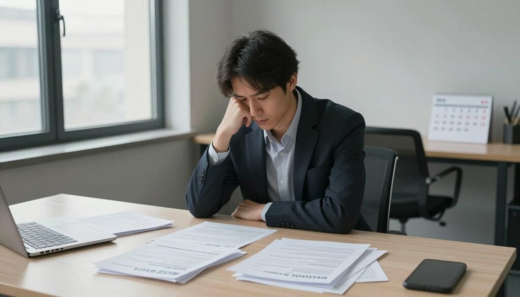 A pensive individual sitting in a minimalist office space, dressed in professional yet modest business attire, reflects the feeling of being unemployed without the right to benefits. In the foreground, a desk is cluttered with rejection letters and job application forms, symbolizing the struggle of seeking employment. The middle ground features a large window with natural light spilling in, casting shadows that create a somber atmosphere. In the background, an empty chair and a calendar with crossed-out dates emphasize the passage of time and the ongoing job search. The scene evokes a sense of uncertainty and resilience, with soft, muted colors to convey the emotional weight of the situation.