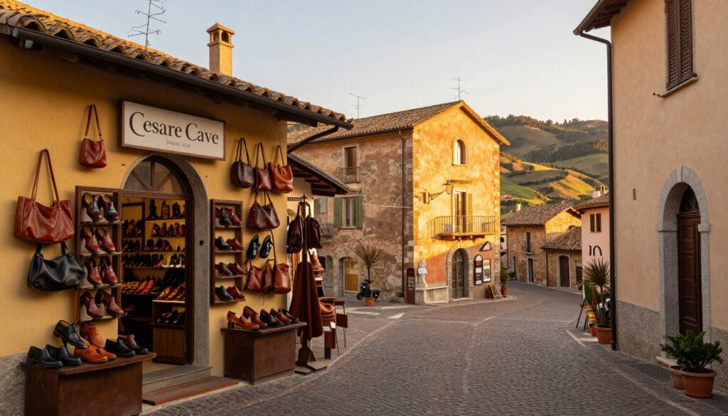 A picturesque view of Montegranaro, Italy, depicting the origins of the Cesare Cave brand. In the foreground, display a charming cobblestone street lined with traditional Italian shops, showcasing artisanal leather goods and footwear, emphasizing craftsmanship. In the middle ground, include a historic building, reminiscent of 1950s architecture, with warm, inviting colors. The background features gentle rolling hills bathed in golden sunlight, representing the region's rich culture and heritage. Capture the scene during the golden hour for soft, warm lighting, creating a nostalgic and welcoming atmosphere. The angle should be at street level, inviting viewers into this beautiful Italian town, emphasizing tradition and artistry without any people in the image. A picturesque view of Montegranaro, Italy, depicting the origins of the Cesare Cave brand. In the foreground, display a charming cobblestone street lined with traditional Italian shops, showcasing artisanal leather goods and footwear, emphasizing craftsmanship. In the middle ground, include a historic building, reminiscent of 1950s architecture, with warm, inviting colors. The background features gentle rolling hills bathed in golden sunlight, representing the region's rich culture and heritage. Capture the scene during the golden hour for soft, warm lighting, creating a nostalgic and welcoming atmosphere. The angle should be at street level, inviting viewers into this beautiful Italian town, emphasizing tradition and artistry without any people in the image.