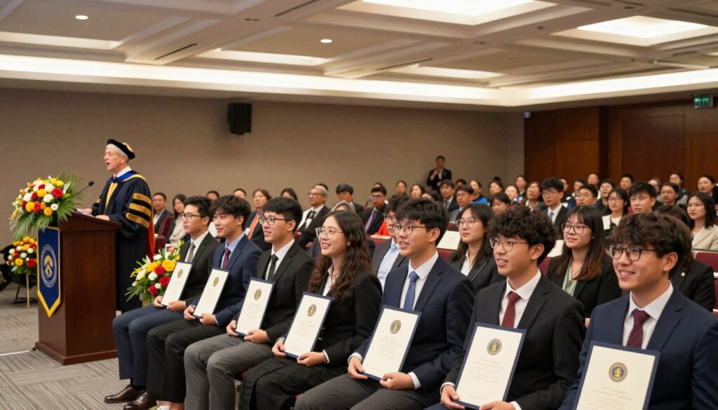 A prestigious university setting, showcasing a detailed scene of a rector's scholarship award ceremony. In the foreground, a diverse group of students in professional business attire, looking excited and proud, hold certificates. In the middle ground, a distinguished figure, the rector, stands at a podium adorned with university banners, speaking enthusiastically to the audience. Elegant decorations featuring the university’s logo and colorful floral arrangements frame the podium. In the background, rows of attentive guests seated in a well-lit auditorium, with an ornate ceiling and soft ambient lighting creating an inspiring and celebratory atmosphere. The focus is on the joyful expressions of the students and the significance of academic achievement.
