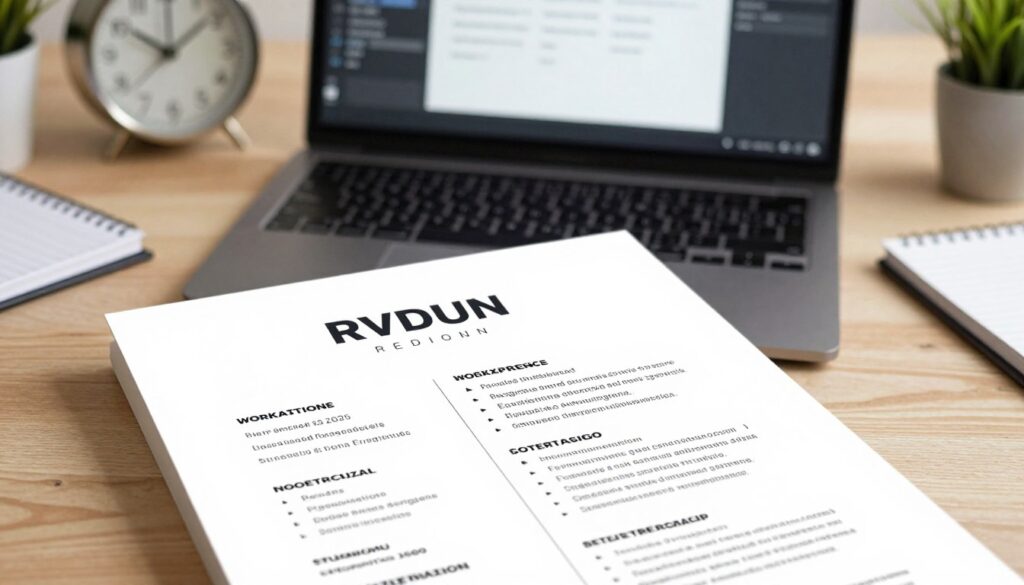 A professional CV layout featuring a well-organized and visually appealing design. In the foreground, a neatly arranged résumé with clear sections, showcasing an inverted chronological order: personal information at the top, followed by work experience, education, skills, and references. The middle section reveals a desk with a laptop open to a document editing software, displaying formatting tools. In the background, soft-focus items such as a clock, plants, and a notepad create a calming office atmosphere. The lighting is warm and inviting, illuminating the CV to enhance its readability. The mood is focused and aspirational, suitable for a professional setting. Ensure all elements reflect an organized and polished presentation, devoid of any text or distracting elements. A professional CV layout featuring a well-organized and visually appealing design. In the foreground, a neatly arranged résumé with clear sections, showcasing an inverted chronological order: personal information at the top, followed by work experience, education, skills, and references. The middle section reveals a desk with a laptop open to a document editing software, displaying formatting tools. In the background, soft-focus items such as a clock, plants, and a notepad create a calming office atmosphere. The lighting is warm and inviting, illuminating the CV to enhance its readability. The mood is focused and aspirational, suitable for a professional setting. Ensure all elements reflect an organized and polished presentation, devoid of any text or distracting elements.