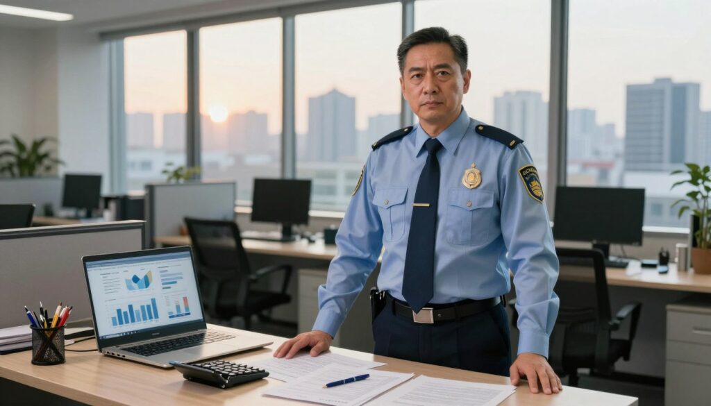 A professional Labor Inspector stands confidently at a modern office desk, surrounded by documents and regulatory tools, symbolizing their authority. The inspector, a middle-aged individual in business attire, exudes determination and focus, with a stern yet approachable expression. In the background, a large window reveals an urban skyline, bathed in warm afternoon light that creates a welcoming atmosphere. On the desk, a laptop displays charts and graphs representing workplace safety statistics, enhancing the professionalism of the scene. The angle is slightly elevated, capturing both the inspector’s poised demeanor and the organized chaos of their workspace, reflecting the seriousness of their role within the structure of labor oversight. The overall mood is one of diligence and responsibility, illustrating the important functions of labor inspection. A professional Labor Inspector stands confidently at a modern office desk, surrounded by documents and regulatory tools, symbolizing their authority. The inspector, a middle-aged individual in business attire, exudes determination and focus, with a stern yet approachable expression. In the background, a large window reveals an urban skyline, bathed in warm afternoon light that creates a welcoming atmosphere. On the desk, a laptop displays charts and graphs representing workplace safety statistics, enhancing the professionalism of the scene. The angle is slightly elevated, capturing both the inspector’s poised demeanor and the organized chaos of their workspace, reflecting the seriousness of their role within the structure of labor oversight. The overall mood is one of diligence and responsibility, illustrating the important functions of labor inspection.