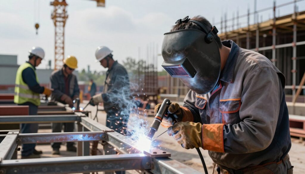 A professional TIG welder at work in a busy construction site, exhibiting skill and precision. In the foreground, the welder, a middle-aged man in neat work attire with safety goggles, focuses intently on a metallic structure, using a TIG welding torch that emits a bright, focused arc of light. The middle layer showcases other workers in motion, wearing hard hats and safety vests, engaging in various construction tasks. In the background, a bustling industrial environment is visible, featuring cranes, scaffolding, and partially finished structures. Soft, natural daylight filters through the scene, creating a dynamic and industrious atmosphere. The image captures the dedication and effort of on-site work and is framed from a low angle to emphasize the welder's expertise and the scale of the project.