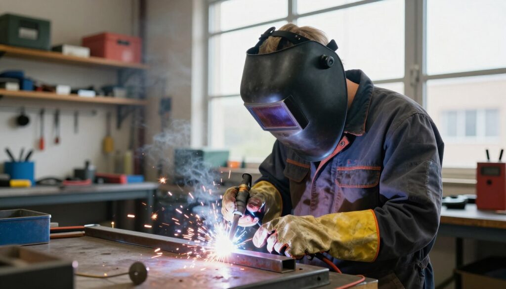 A professional TIG welder in a bright workshop, focused on his work. He is dressed in protective gear—helmet, gloves, and a durable jumpsuit—showing attention to detail and safety. The foreground captures him welding a metal piece, with bright sparks flying, emphasizing the skill and precision of his craft. In the middle ground, shelves with tools and equipment are organized, showcasing a well-equipped workspace. The background features large windows allowing natural light to flood in, illuminating the scene with a warm, industrious atmosphere. The image should convey a sense of dedication, professionalism, and the practical aspects of a welder’s work environment, with an angle that highlights both the welder and his craft effectively.