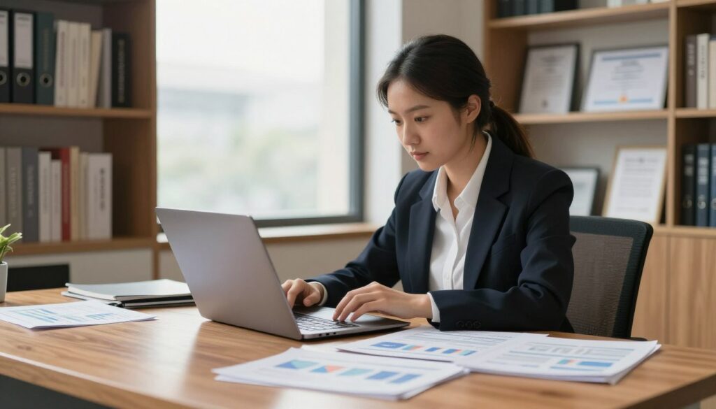 A professional accountant in a modern office setting, wearing business attire, focused on analyzing financial data on a sleek laptop. In the foreground, detailed papers and spreadsheets are scattered on a polished wooden desk, symbolizing various financial reports. The middle ground features a large window with natural light streaming in, illuminating the workspace and creating a productive atmosphere. The background includes shelves filled with books and framed certificates, indicating a professional environment. Use warm lighting to emphasize a sense of motivation and dedication. The overall mood should be one of professionalism and focus, reflecting the accountant’s role in the financial industry. A professional accountant in a modern office setting, wearing business attire, focused on analyzing financial data on a sleek laptop. In the foreground, detailed papers and spreadsheets are scattered on a polished wooden desk, symbolizing various financial reports. The middle ground features a large window with natural light streaming in, illuminating the workspace and creating a productive atmosphere. The background includes shelves filled with books and framed certificates, indicating a professional environment. Use warm lighting to emphasize a sense of motivation and dedication. The overall mood should be one of professionalism and focus, reflecting the accountant’s role in the financial industry.