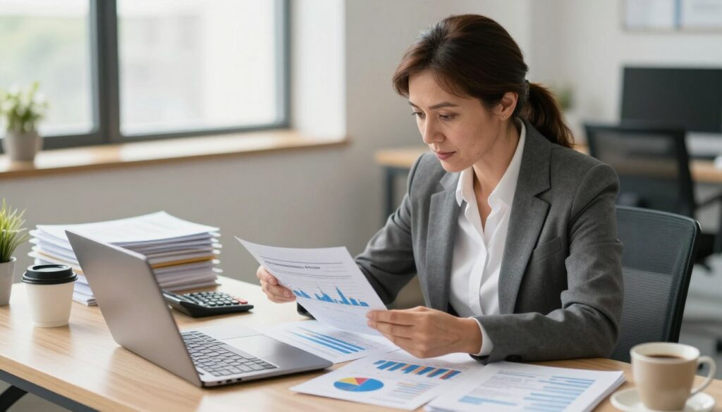 A professional accountant working diligently at a modern office desk, surrounded by financial documents and a laptop. The foreground features the accountant, a middle-aged woman wearing business attire, focused on her work, examining graphs and charts related to salaries in Poland. In the middle ground, there are stacks of files, a calculator, and a cup of coffee, illustrating a busy work environment. The background shows a bright, airy office space with large windows allowing natural light to flood in, adding warmth to the scene. The atmosphere is one of concentration and professionalism, emphasizing the importance of accurate financial reporting and understanding salary levels in the accounting industry. The lighting is soft and inviting, creating a productive and encouraging workspace vibe. A professional accountant working diligently at a modern office desk, surrounded by financial documents and a laptop. The foreground features the accountant, a middle-aged woman wearing business attire, focused on her work, examining graphs and charts related to salaries in Poland. In the middle ground, there are stacks of files, a calculator, and a cup of coffee, illustrating a busy work environment. The background shows a bright, airy office space with large windows allowing natural light to flood in, adding warmth to the scene. The atmosphere is one of concentration and professionalism, emphasizing the importance of accurate financial reporting and understanding salary levels in the accounting industry. The lighting is soft and inviting, creating a productive and encouraging workspace vibe.