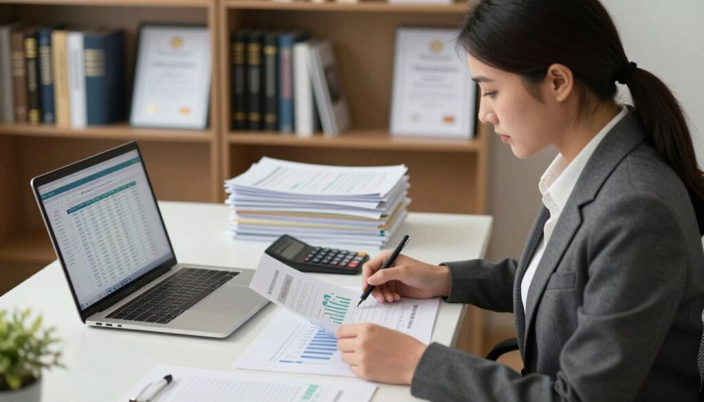 A professional accountant’s workspace, focusing on the main responsibilities of a chief accountant. In the foreground, a well-dressed female accountant, wearing business attire, is diligently reviewing financial reports on a sleek desk. Next to her, a laptop displays complex spreadsheets. The middle ground features stacks of organized papers and a calculator, symbolizing meticulous attention to detail. In the background, shelves filled with accounting books and certificates emphasize professionalism and expertise in the field. The lighting is soft and warm, illuminating the scene with a sense of focus and dedication. The atmosphere is serious yet balanced, highlighting the importance of responsibility and its impact on salary in the accounting profession. A professional accountant’s workspace, focusing on the main responsibilities of a chief accountant. In the foreground, a well-dressed female accountant, wearing business attire, is diligently reviewing financial reports on a sleek desk. Next to her, a laptop displays complex spreadsheets. The middle ground features stacks of organized papers and a calculator, symbolizing meticulous attention to detail. In the background, shelves filled with accounting books and certificates emphasize professionalism and expertise in the field. The lighting is soft and warm, illuminating the scene with a sense of focus and dedication. The atmosphere is serious yet balanced, highlighting the importance of responsibility and its impact on salary in the accounting profession.