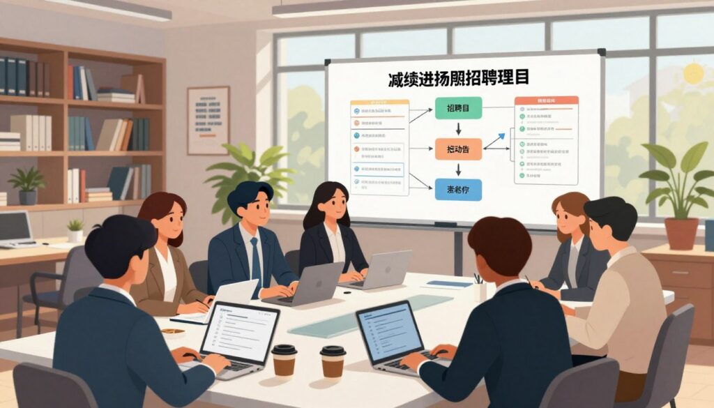 A professional and engaging illustration depicting the theme of "recruitment requirements" for universities. In the foreground, a diverse group of young adults, dressed in smart business attire, are gathered around a large table covered with application documents, laptops, and coffee cups, showcasing a collaborative atmosphere. In the middle ground, a large whiteboard displays a flowchart of the recruitment process, with highlighted points and checklists. The background features a modern university office environment with bookshelves, potted plants, and motivational posters. Soft, natural lighting filters in through large windows, casting a warm glow, creating a focused and productive mood. The angle of view is slightly elevated, giving a clear perspective of the table interactions and the university setting without any text or distractions. A professional and engaging illustration depicting the theme of "recruitment requirements" for universities. In the foreground, a diverse group of young adults, dressed in smart business attire, are gathered around a large table covered with application documents, laptops, and coffee cups, showcasing a collaborative atmosphere. In the middle ground, a large whiteboard displays a flowchart of the recruitment process, with highlighted points and checklists. The background features a modern university office environment with bookshelves, potted plants, and motivational posters. Soft, natural lighting filters in through large windows, casting a warm glow, creating a focused and productive mood. The angle of view is slightly elevated, giving a clear perspective of the table interactions and the university setting without any text or distractions.