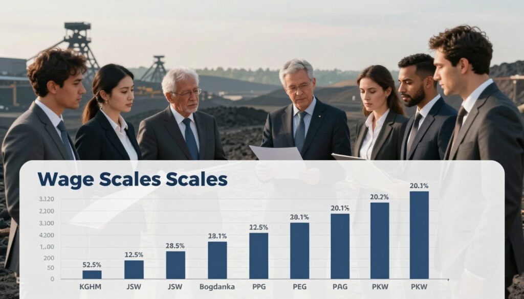 A professional and informative illustration depicting the wage scales in coal mining companies like KGHM, JSW, Bogdanka, PGG, and PKW. The foreground features a visually engaging chart or graph comparing various salary ranges, with clear labels for each company. In the middle ground, include a group of diverse professionals in business attire, discussing the data, emphasizing a collaborative atmosphere. The background shows a subtle mining landscape with silhouettes of coal mines, conveying the mining industry theme. Soft lighting emphasizes the professional setting, while a slight depth of field adds focus to the foreground elements. The overall mood is analytical and grounded, suited for a business context. A professional and informative illustration depicting the wage scales in coal mining companies like KGHM, JSW, Bogdanka, PGG, and PKW. The foreground features a visually engaging chart or graph comparing various salary ranges, with clear labels for each company. In the middle ground, include a group of diverse professionals in business attire, discussing the data, emphasizing a collaborative atmosphere. The background shows a subtle mining landscape with silhouettes of coal mines, conveying the mining industry theme. Soft lighting emphasizes the professional setting, while a slight depth of field adds focus to the foreground elements. The overall mood is analytical and grounded, suited for a business context.
