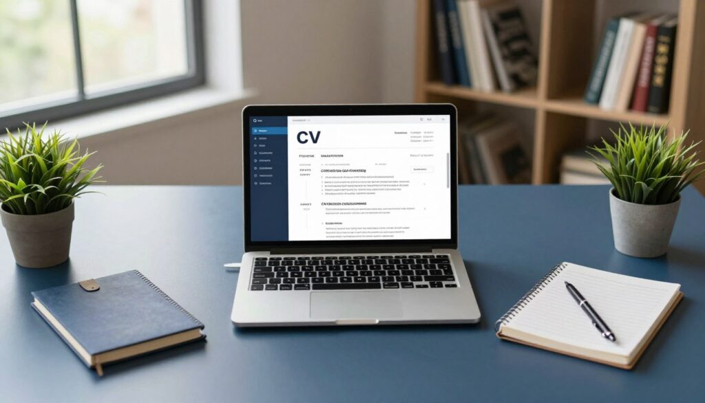 A professional and modern workspace visualized from a bird's eye view, showcasing an elegant desk with an open laptop displaying a CV template. Surrounding the desk are neatly organized office supplies, including a stylish notebook, a pen, and a potted plant for a touch of greenery. The background features a softly blurred bookshelf filled with career development books and a large window allowing soft, natural light to flood the space, creating a warm and inviting atmosphere. The overall color palette is calming, with shades of blue and green. The focus is on clarity and organization, highlighting the essential elements of an effective CV layout. The scene encapsulates a sense of professionalism, inspiration, and productivity.