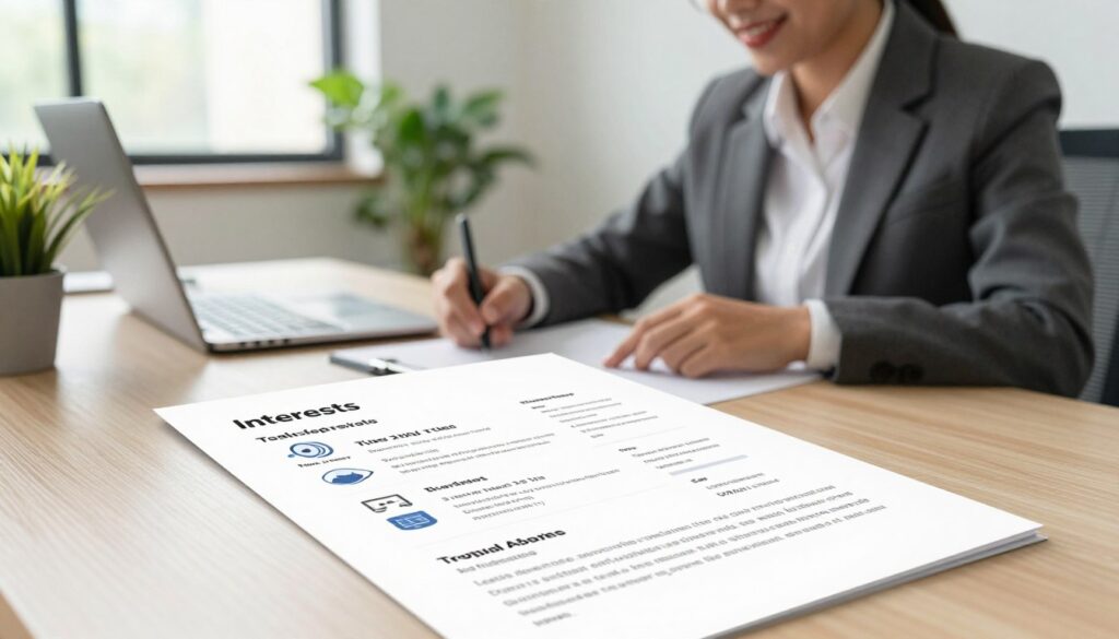 A professional and polished workspace scene depicting a clean desk with a neatly arranged CV, highlighting various interests in a visually appealing way. In the foreground, a well-organized CV showcases sections labeled ‘Interests’ with icons representing hobbies like reading, technology, and travel. In the middle ground, a confident young professional in business attire analyzes the CV, emphasizing the importance of showcasing interests. The background features a bright and airy office setting with potted plants and a large window letting in natural light. The mood is optimistic and focused, illustrating the significance of interests in a CV. Use soft, warm lighting to create an inviting atmosphere, captured with a slight depth of field to emphasize the CV and the professional.