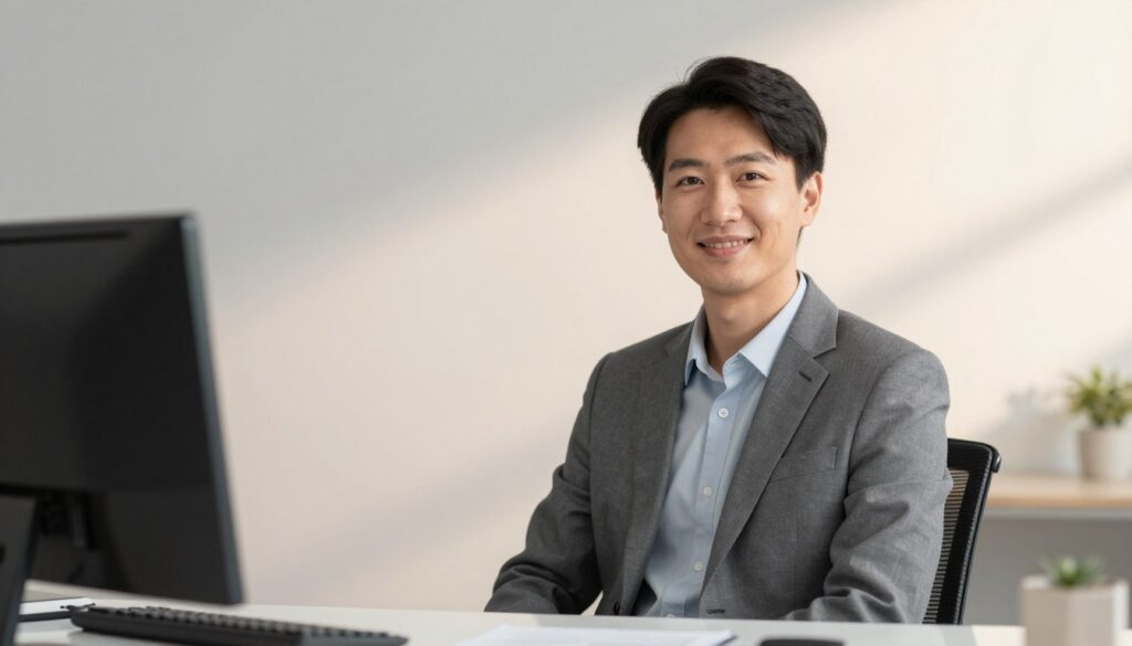 A professional and suitable background for a CV photo, featuring a clean and neutral setting. The foreground includes a subtle, softly blurred desk or office environment. In the middle ground, there is a lightly textured wall in muted colors, providing an unobtrusive yet refined backdrop. The background features a soft gradient of colors, transitioning from a gentle light grey to a white, enhancing the overall professionalism. Natural soft lighting casts a warm glow, simulating daylight, without harsh shadows. The angle is slightly elevated, aiming to provide depth without drawing attention to the background. The atmosphere is calm and inviting, ensuring that the focus remains on the subject and the professionalism of their attire. The image contains no text or markings. A professional and suitable background for a CV photo, featuring a clean and neutral setting. The foreground includes a subtle, softly blurred desk or office environment. In the middle ground, there is a lightly textured wall in muted colors, providing an unobtrusive yet refined backdrop. The background features a soft gradient of colors, transitioning from a gentle light grey to a white, enhancing the overall professionalism. Natural soft lighting casts a warm glow, simulating daylight, without harsh shadows. The angle is slightly elevated, aiming to provide depth without drawing attention to the background. The atmosphere is calm and inviting, ensuring that the focus remains on the subject and the professionalism of their attire. The image contains no text or markings.