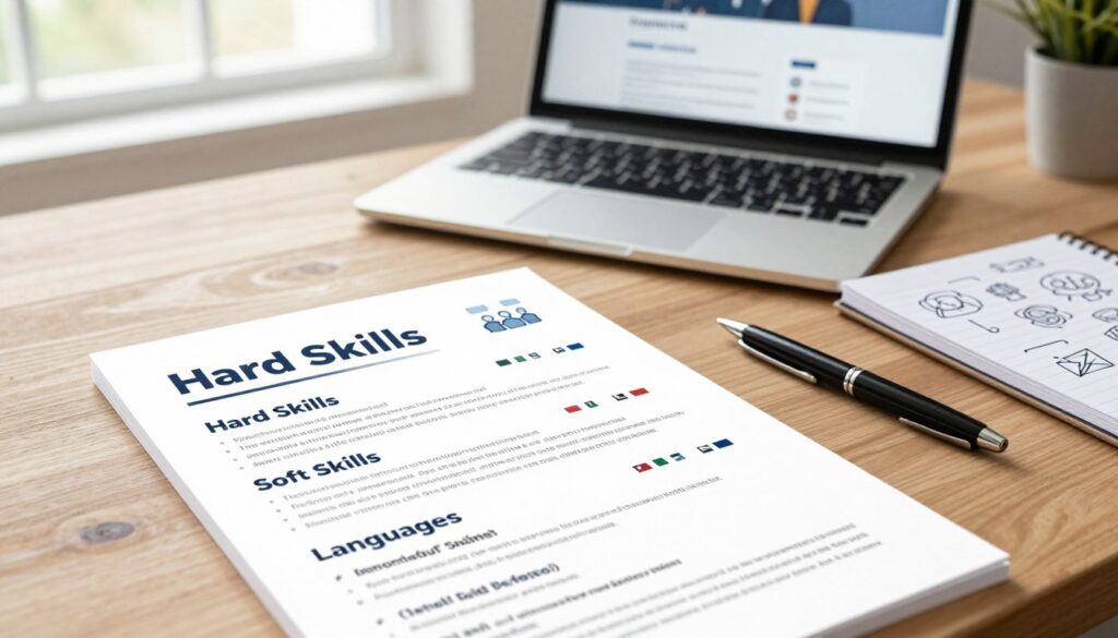 A professional and visually appealing workspace showcasing a neatly organized resume on a wooden desk. In the foreground, a close-up of the resume highlights distinct sections labeled “Hard Skills”, “Soft Skills”, and “Languages”, each section artistically illustrated with small icons representing each skill (like coding, teamwork, and language flags). The middle ground features an open laptop with a bright screen displaying a portfolio website, and a stylish pen beside a notepad filled with ideas. In the background, soft natural light streams through a window, creating a warm and inviting atmosphere. The overall tone is focused, professional, and inspiring, conveying a sense of preparedness and attention to detail for potential job seekers.