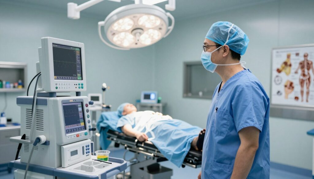 A professional anesthesiologist in a modern hospital setting, diligently preparing for a surgical procedure. In the foreground, the anesthesiologist, a middle-aged person in a blue surgical scrub and a surgical mask, stands beside a high-tech anesthetic machine, displaying various monitors and controls. In the middle ground, a sterile operating room is visible, equipped with surgical lights and operating tables, emphasizing a clinical atmosphere. The background features detailed medical charts and anatomical diagrams on the walls, illustrating the complexities of the role. Soft, diffused lighting casts a calm yet professional ambiance, capturing the seriousness of the medical profession. The overall mood is focused and dedicated, highlighting the responsibilities and expertise of an anesthesiologist.