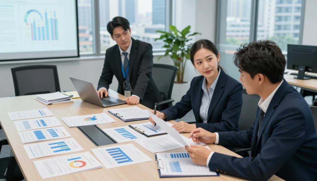 A professional audit scene in a modern office setting, highlighting the audit process from planning to reporting and corrective actions. In the foreground, a diverse group of three business professionals, two men and one woman, wearing formal business attire, are engaged in a discussion over documents and a laptop. The middle layer features a large conference table cluttered with charts, audit reports, and an open planner, alongside a digital projector displaying graphs. In the background, large windows reveal a bustling cityscape, flooded with natural light. The atmosphere is focused and collaborative, embodying a sense of diligence and professionalism. The lighting is bright and clear, enhancing the clarity of the scene, captured from a slightly elevated angle for depth.