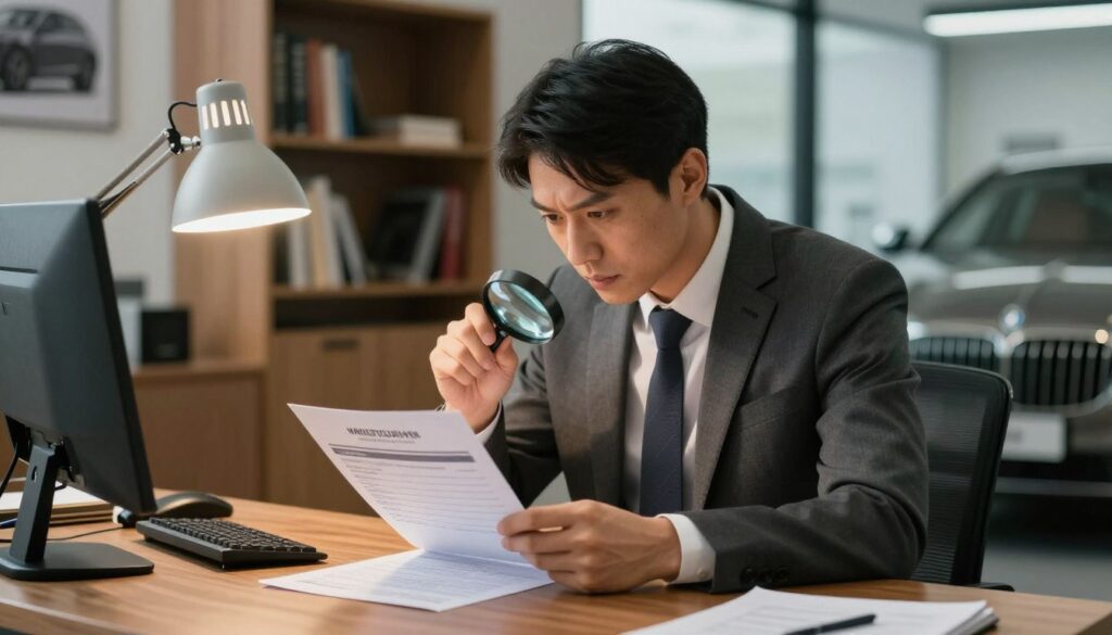 A professional automotive expert sitting at a sleek wooden desk, examining a vehicle's identification document with a magnifying glass. The expert, dressed in a tailored suit, is focused and thoughtful, gazing at the document under a soft desk lamp glow. In the background, shelves lined with automotive books and tools create a scholarly atmosphere. A luxury car is partially visible through the office window, indicating the high-end nature of the subject matter. The image is well-lit, with warm tones highlighting the professionalism and seriousness of the verification process, capturing the mood of diligence and expertise in verifying authenticity before purchasing a vehicle. A professional automotive expert sitting at a sleek wooden desk, examining a vehicle's identification document with a magnifying glass. The expert, dressed in a tailored suit, is focused and thoughtful, gazing at the document under a soft desk lamp glow. In the background, shelves lined with automotive books and tools create a scholarly atmosphere. A luxury car is partially visible through the office window, indicating the high-end nature of the subject matter. The image is well-lit, with warm tones highlighting the professionalism and seriousness of the verification process, capturing the mood of diligence and expertise in verifying authenticity before purchasing a vehicle.