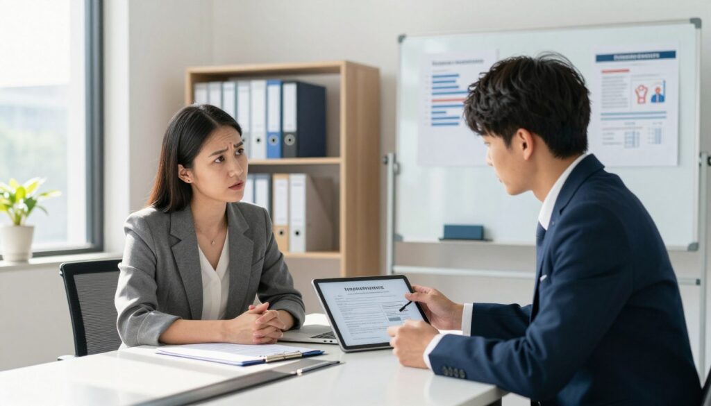 A professional business meeting scene featuring a mother and son discussing insurance matters. In the foreground, the mother, dressed in smart casual attire, sits at a modern conference table with a concerned yet focused expression. The son, wearing a business suit, stands beside her, holding a tablet displaying relevant documents. In the middle, a bright, well-organized office setting, with shelves containing files and insurance brochures, emphasizes the professional atmosphere. Natural lighting streams through large windows, casting soft shadows and creating an inviting warmth. In the background, a whiteboard with charts and lists highlights the discussion's focus on required documents for insurance registration. The overall mood is serious but supportive, reflecting the importance of securing insurance for family members. A professional business meeting scene featuring a mother and son discussing insurance matters. In the foreground, the mother, dressed in smart casual attire, sits at a modern conference table with a concerned yet focused expression. The son, wearing a business suit, stands beside her, holding a tablet displaying relevant documents. In the middle, a bright, well-organized office setting, with shelves containing files and insurance brochures, emphasizes the professional atmosphere. Natural lighting streams through large windows, casting soft shadows and creating an inviting warmth. In the background, a whiteboard with charts and lists highlights the discussion's focus on required documents for insurance registration. The overall mood is serious but supportive, reflecting the importance of securing insurance for family members.