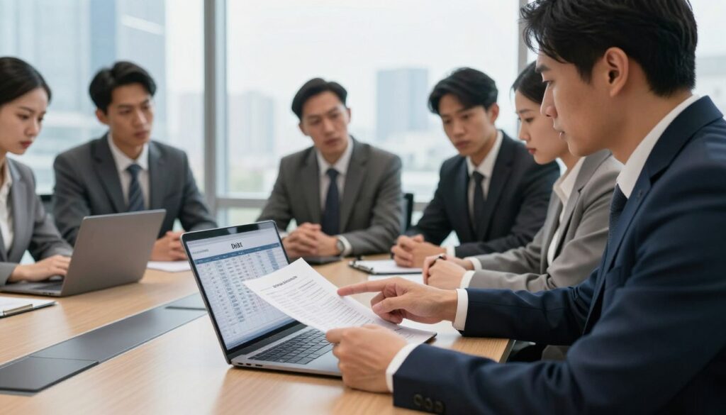 A professional business office environment depicting a serious discussion about debt management. In the foreground, a well-dressed person in a business suit sits at a polished conference table, reviewing financial documents and pointing to a spreadsheet on a laptop. The middle ground features a diverse group of professionals in business attire, engaged in conversation, with concerned expressions reflecting the attention to financial obligations. The background includes a large window showing a city skyline, with natural light flooding the room. The overall mood is tense yet focused, emphasizing the importance of understanding debt and rights regarding current financial obligations. Use a realistic lens with a slight depth of field to create an immersive atmosphere.
