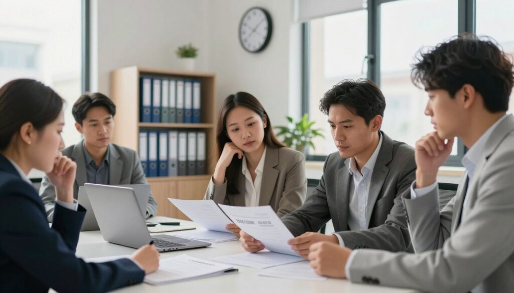 A professional business office interior scene, with a focus on a neatly arranged desk featuring documents and a laptop. In the foreground, a diverse group of individuals in professional attire, including two men and a woman, are discussing paperwork related to a job center with thoughtful expressions. The middle ground shows a wall clock indicating early morning, along with a file cabinet filled with organized folders and a small potted plant to add a touch of warmth. In the background, large windows allow soft, natural sunlight to stream in, creating an inviting atmosphere. The overall mood is serious yet collaborative, emphasizing the importance of proper documentation for justifying an absence. The image should be well-lit, with a slight focus on the group to highlight their engagement and concern. A professional business office interior scene, with a focus on a neatly arranged desk featuring documents and a laptop. In the foreground, a diverse group of individuals in professional attire, including two men and a woman, are discussing paperwork related to a job center with thoughtful expressions. The middle ground shows a wall clock indicating early morning, along with a file cabinet filled with organized folders and a small potted plant to add a touch of warmth. In the background, large windows allow soft, natural sunlight to stream in, creating an inviting atmosphere. The overall mood is serious yet collaborative, emphasizing the importance of proper documentation for justifying an absence. The image should be well-lit, with a slight focus on the group to highlight their engagement and concern.