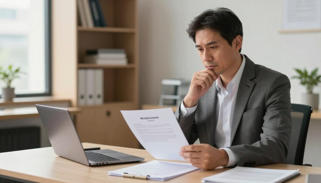 A professional, business setting featuring a focused employer sitting at a well-organized desk with a laptop and documents spread out. The employer is a middle-aged Caucasian man, dressed in a tailored suit, looking thoughtfully at a resignation letter in his hand. The foreground shows the resignation letter clearly, with the text blurred for privacy. In the middle background, a softly lit office environment with stylish furniture, bookshelves filled with professional books, and a window showing a sunny cityscape. The lighting is warm to convey a sense of professionalism and calmness. The atmosphere is serious yet constructive, emphasizing the importance of resigning professionally. No text or branding elements included. A professional, business setting featuring a focused employer sitting at a well-organized desk with a laptop and documents spread out. The employer is a middle-aged Caucasian man, dressed in a tailored suit, looking thoughtfully at a resignation letter in his hand. The foreground shows the resignation letter clearly, with the text blurred for privacy. In the middle background, a softly lit office environment with stylish furniture, bookshelves filled with professional books, and a window showing a sunny cityscape. The lighting is warm to convey a sense of professionalism and calmness. The atmosphere is serious yet constructive, emphasizing the importance of resigning professionally. No text or branding elements included.