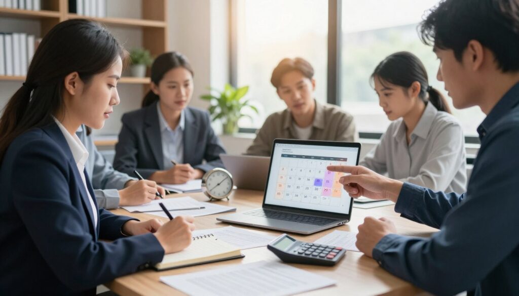 A professional business setting with a diverse group of individuals engaged in a discussion about calculating notice periods. In the foreground, a focused woman in business attire is holding a notebook, jotting down important points, while a man beside her gestures towards a calendar displayed on a laptop screen, showcasing dates marked in various colors. The middle ground features a table cluttered with documents, a calculator, and a clock emphasizing time management. Light from a large window casts a warm glow, creating an inviting atmosphere conducive to collaboration. In the background, soft-focus shelves filled with books and greenery add depth to the scene. The overall mood conveys diligence, teamwork, and the importance of understanding contractual agreements. A professional business setting with a diverse group of individuals engaged in a discussion about calculating notice periods. In the foreground, a focused woman in business attire is holding a notebook, jotting down important points, while a man beside her gestures towards a calendar displayed on a laptop screen, showcasing dates marked in various colors. The middle ground features a table cluttered with documents, a calculator, and a clock emphasizing time management. Light from a large window casts a warm glow, creating an inviting atmosphere conducive to collaboration. In the background, soft-focus shelves filled with books and greenery add depth to the scene. The overall mood conveys diligence, teamwork, and the importance of understanding contractual agreements.