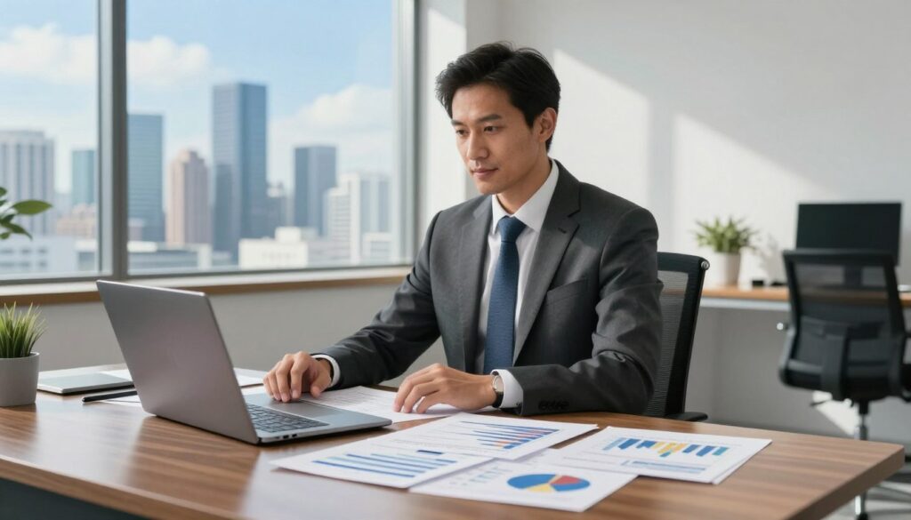 A professional businessman, dressed in a tailored suit with a confident demeanor, sitting at a sleek office desk, surrounded by financial reports and graphs. The foreground features a polished wooden desk with a laptop displaying charts that represent salary comparisons across different management levels. In the middle ground, a large window reveals a city skyline with skyscrapers under a bright blue sky, symbolizing ambition and opportunity. The background showcases minimalistic office decor for a modern feel, with soft natural light filtering through the window, creating an inviting and focused atmosphere. The angle captures the subject from slightly above, giving a sense of hierarchy and importance, reflecting the theme of director salaries in comparison to other managerial positions in Poland.