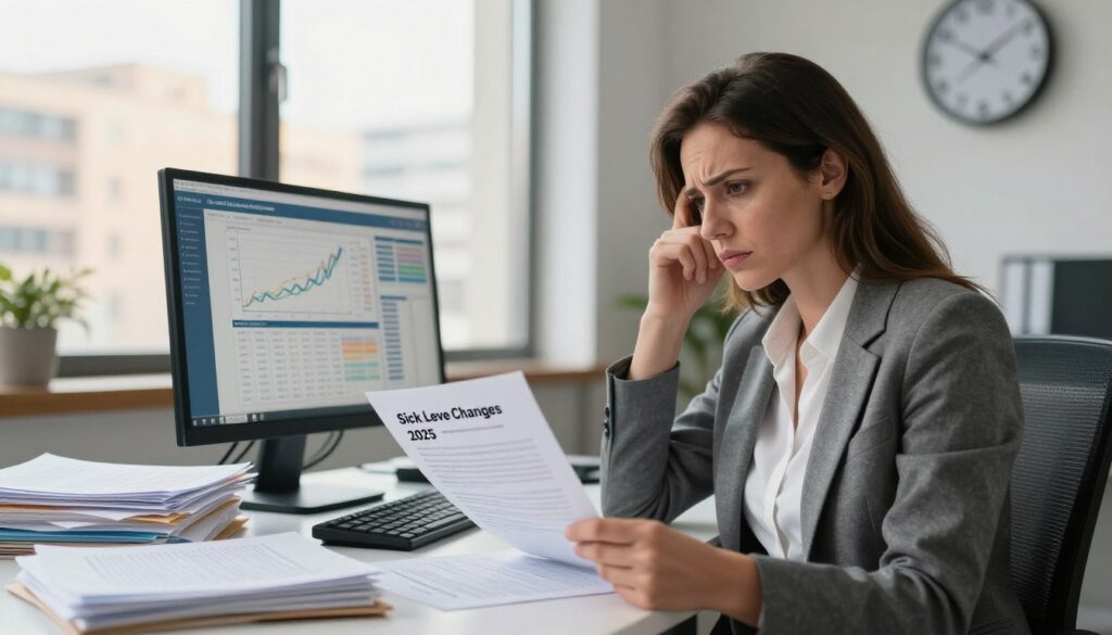 A professional businesswoman sitting at a desk cluttered with paperwork, symbolizing the complexities of 'zasiłku chorobowego' (sick leave benefits). In the foreground, she is reviewing a document titled "Sick Leave Changes 2025" with a concerned expression. The middle ground features a computer screen displaying financial graphs and statistics related to health benefits. In the background, a large window reveals a cityscape bathed in warm, natural light, while a clock on the wall indicates the passing time. The atmosphere is serious yet hopeful, conveying a sense of anticipation for upcoming changes. The scene is captured from a slightly elevated angle to emphasize the woman's thoughtful engagement with the subject.