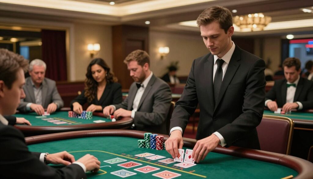 A professional casino environment showcasing a dealer at work in a well-lit, elegant gaming room. In the foreground, a dealer in formal business attire stands confidently at a blackjack table, shuffling cards with a focused expression. The middle ground captures players of diverse backgrounds engaged in the game, with a few chips and cards on the table, conveying an atmosphere of excitement and anticipation. The background features soft light reflecting off luxurious decor, including polished wood and vibrant green velvet. The overall mood is lively yet sophisticated, highlighting the dynamic energy of a casino while emphasizing the professionalism of the dealers. Use sharp focus on the dealer while subtly blurring the players to create depth.