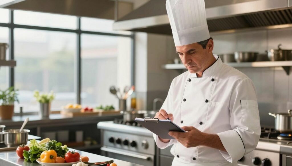 A professional chef standing in a modern kitchen, meticulously calculating hourly wages using a notepad and calculator. The foreground features the chef, a middle-aged man in a neat, white chef's jacket and hat, focused and thoughtful, with a serious expression. In the middle ground, a well-organized kitchen setting with stainless steel appliances, fresh ingredients, and cooking utensils neatly arranged. The background showcases a large window letting in warm, natural light that casts soft shadows, creating a welcoming atmosphere. The ambiance reflects professionalism and dedication to the culinary arts, emphasizing the theme of earnings and financial calculations. The scene is bright and airy, with a subtle depth of field to keep the focus on the chef's actions. A professional chef standing in a modern kitchen, meticulously calculating hourly wages using a notepad and calculator. The foreground features the chef, a middle-aged man in a neat, white chef's jacket and hat, focused and thoughtful, with a serious expression. In the middle ground, a well-organized kitchen setting with stainless steel appliances, fresh ingredients, and cooking utensils neatly arranged. The background showcases a large window letting in warm, natural light that casts soft shadows, creating a welcoming atmosphere. The ambiance reflects professionalism and dedication to the culinary arts, emphasizing the theme of earnings and financial calculations. The scene is bright and airy, with a subtle depth of field to keep the focus on the chef's actions.