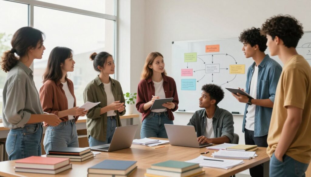 A professional classroom scene depicting recent vocational school graduates discussing their future education paths with enthusiasm. In the foreground, a diverse group of young adults in smart casual attire stands around a large table filled with books, laptops, and notes, sharing ideas and strategies for college applications. In the middle ground, a whiteboard showcases colorful diagrams related to various educational routes. The background features large windows letting in natural light, casting a warm glow over the scene. The atmosphere is collaborative and motivating, symbolizing hope and ambition for further studies. The image should convey a sense of community and determination among the graduates, inspiring the viewer with the possibilities ahead. A professional classroom scene depicting recent vocational school graduates discussing their future education paths with enthusiasm. In the foreground, a diverse group of young adults in smart casual attire stands around a large table filled with books, laptops, and notes, sharing ideas and strategies for college applications. In the middle ground, a whiteboard showcases colorful diagrams related to various educational routes. The background features large windows letting in natural light, casting a warm glow over the scene. The atmosphere is collaborative and motivating, symbolizing hope and ambition for further studies. The image should convey a sense of community and determination among the graduates, inspiring the viewer with the possibilities ahead.