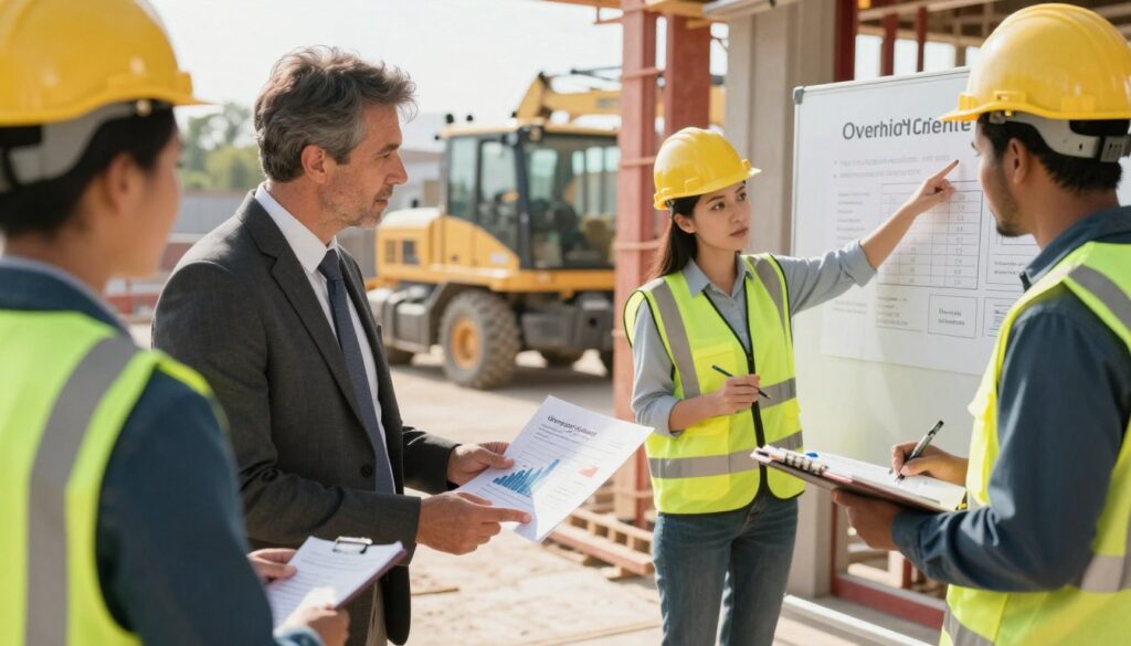 A professional construction site setting, featuring a diverse group of workers in business attire discussing financial documents and charts. In the foreground, a focused middle-aged man points at a chart showing wage increases related to overtime and travel allowances. To the right, a young woman takes notes while another man, dressed in a hard hat and safety vest, gestures towards a whiteboard detailing overtime policies. The middle background shows construction equipment and materials, emphasizing the vibrant work environment. The lighting is bright and natural, suggesting an early afternoon sun, casting soft shadows. The atmosphere is collaborative and determined, highlighting productivity and professional growth in the construction industry.